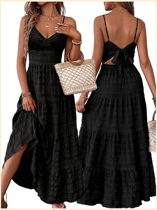 Dresses & Skirts - Spaghetti Strap Bow Tie Back Maxi Dress - Flowy Boho Beach Vacation Sundress